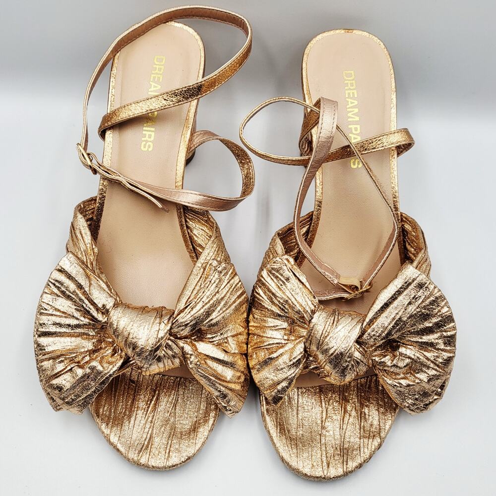 DREAM PAIRS Bow Knot Rose Gold Pink Ankle Strap Heeled Sandals Women's Size 9